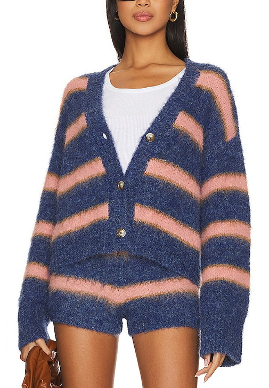 L Space Fuzzy Blue And Pink Montauk Stripe Cardigan Sweater Size S